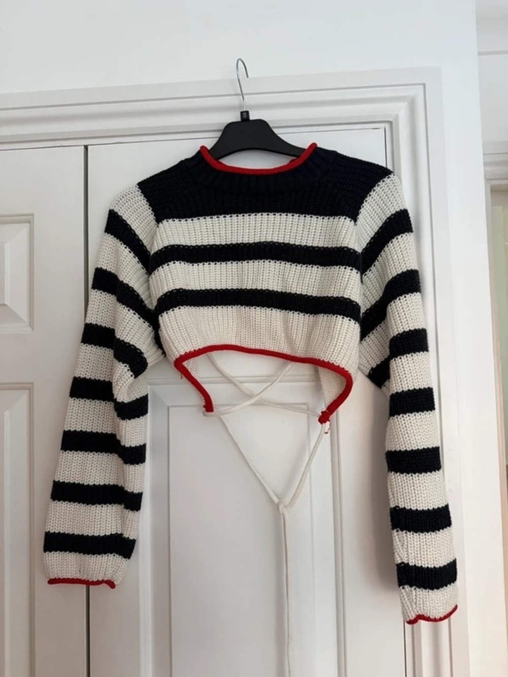 Zara Black & White Striped Cropped Knit Top with Red Trim